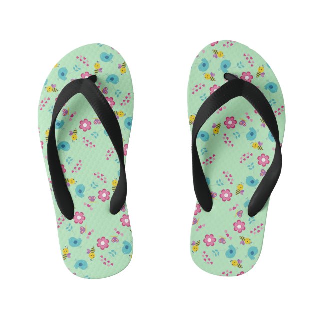Bees, birds and flowers green pattern kid's thongs (Footbed)
