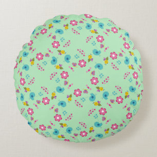 Bees, birds and flowers green pattern round cushion