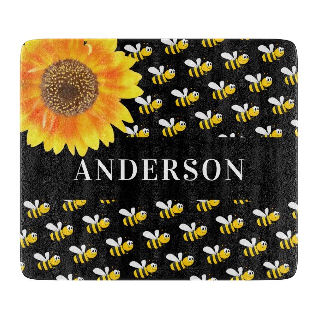 Bees black yellow sunflower family name cutting board (Front)