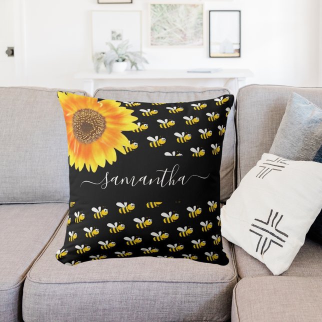 Bees black yellow sunflower name script  cushion (Creator Uploaded)