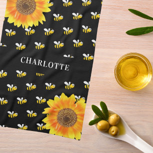 Bees black yellow sunflowers name tea towel