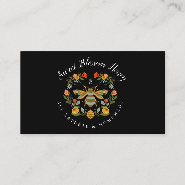 Bees & Bloom Floral & Decorative Honey Bee Black Business Card (Front)
