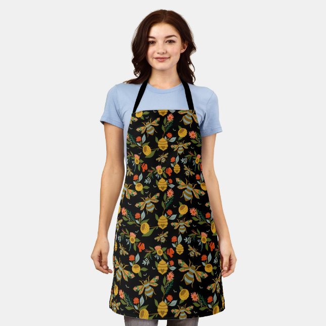 Bees & Bloom Floral & Decorative Honey Bee Pattern Apron (Worn)