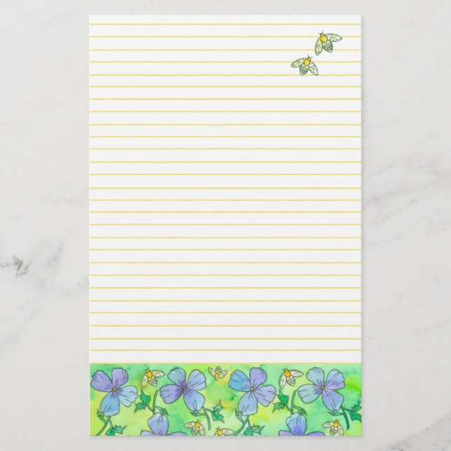 Bees Blossoms Yellow Lined Stationery (Front)