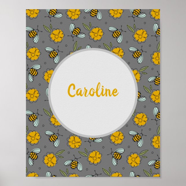Bees & Buttercups on Grey Personalised Print (Front)