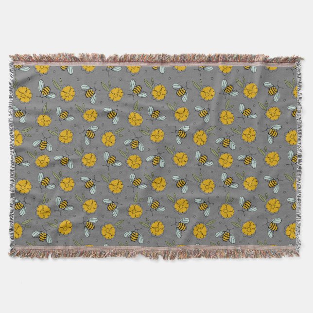 Bees & Buttercups on Grey  Throw Blanket (Front)