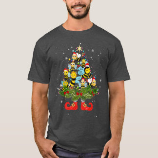 Bees Christmas Tree Lights Funny Santa Hat Lover  T-Shirt