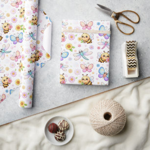 Bees, Dragonflies and Butterflies Kawaii Art Wrapping Paper