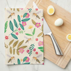 Bees & floral  tea towel