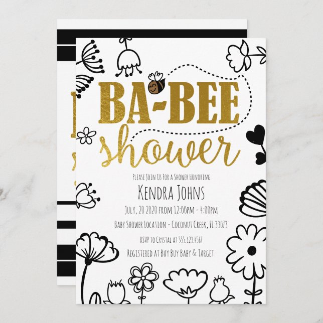 Bees & Flowers, Modern Baby Shower Invitation (Front/Back)