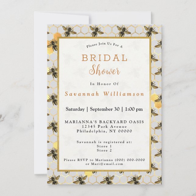 Bees Gold Honeycomb Bridal Shower Invitation (Front)