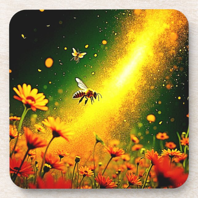 Bees' Golden Pollen Burst Joy Design Coaster (Front)