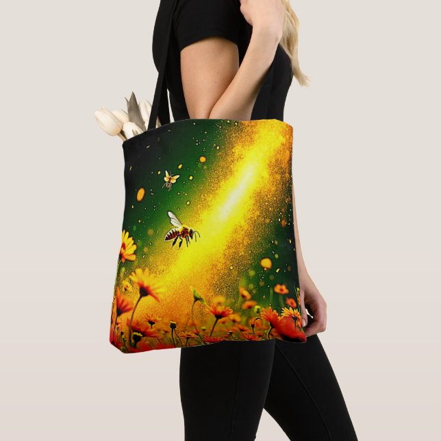 Bees' Golden Pollen Burst Joy Design Tote Bag (Close Up)