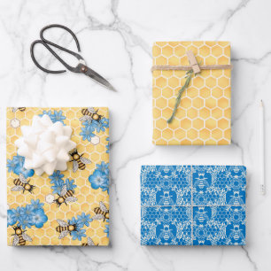 Bees Honey Honeycomb Wrapping Paper Set of 3