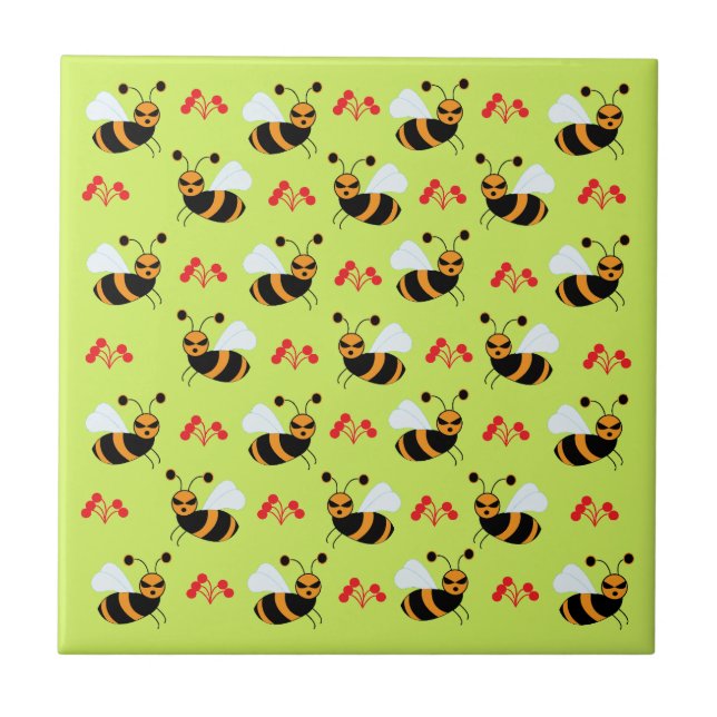 Bees Honeybee Red Flowers Pattern Ceramic Tile (Front)