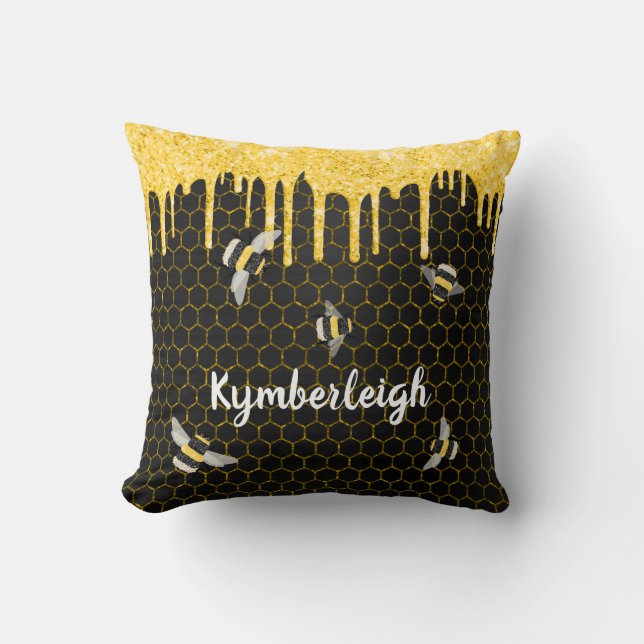 Bees Honeycomb Black Gold Glitter Drips Glam Name Cushion (Front)