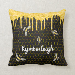 Bees Honeycomb Black Gold Glitter Drips Glam Name Cushion