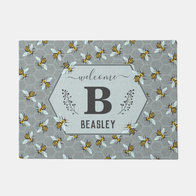 Bees Honeycomb Grey Yellow Monogram Family Name v2 Doormat (Front)