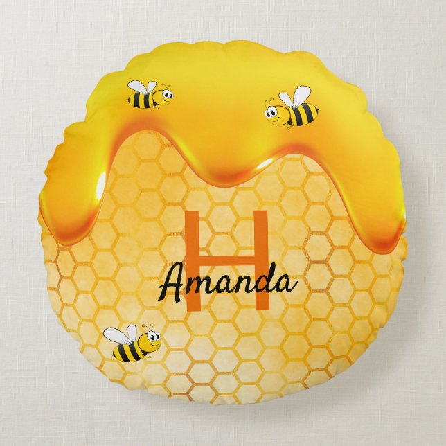 Bees honeycomb honey dripping name round cushion (Front)