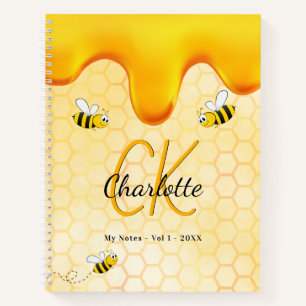Bees honeycomb honey dripping Yellow monogram  Notebook