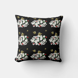 Bees ladybirds flowers white black Art by LeahG Cushion