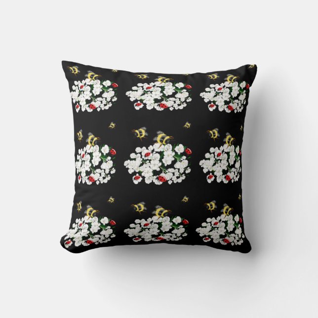 Bees  ladybirds flowers white black Art by LeahG Cushion (Front)