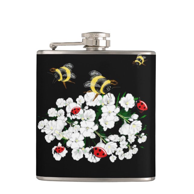 Bees  ladybirds flowers white black Art by LeahG Hip Flask (Front)