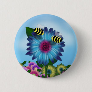 Bee's Lunch Date on Blue Flower 6 Cm Round Badge