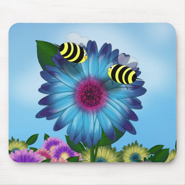 Bee's Lunch Date on Blue Flower Mouse Pad (Front)