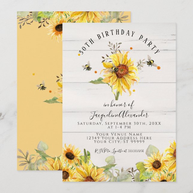 Bees n Sunflower Floral Rustic Wood Birthday Party Invitation (Front/Back)
