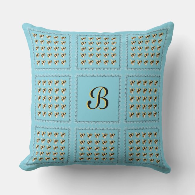 Bees on Blue Initial Cushion (Front)