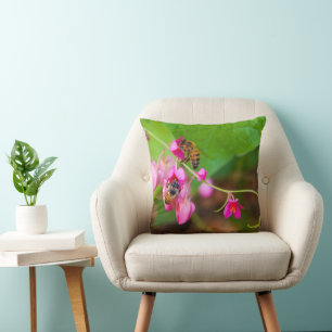 Bees On Coral Vine Flowers Photograph Cushion