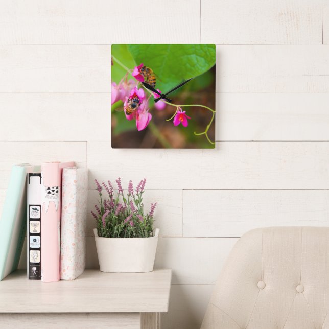 Bees On Coral Vine Flowers Square Wall Clock (Reading Room)