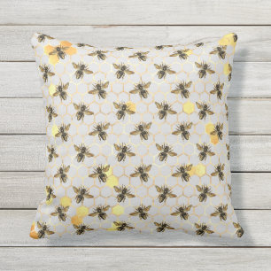 Bees on Honeycomb Pattern Yellow Gold Gray Cushion