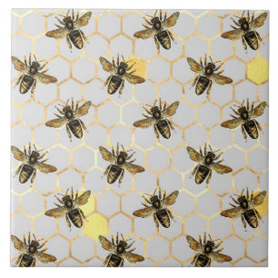 Bees on Honeycomb Pattern Yellow Gold Grey Ceramic Tile