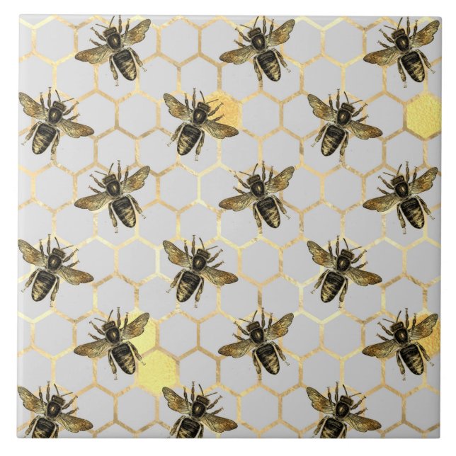 Bees on Honeycomb Pattern Yellow Gold Grey Ceramic Tile (Front)