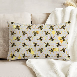 Bees on Honeycomb Pattern Yellow Gold Grey Decorative Cushion