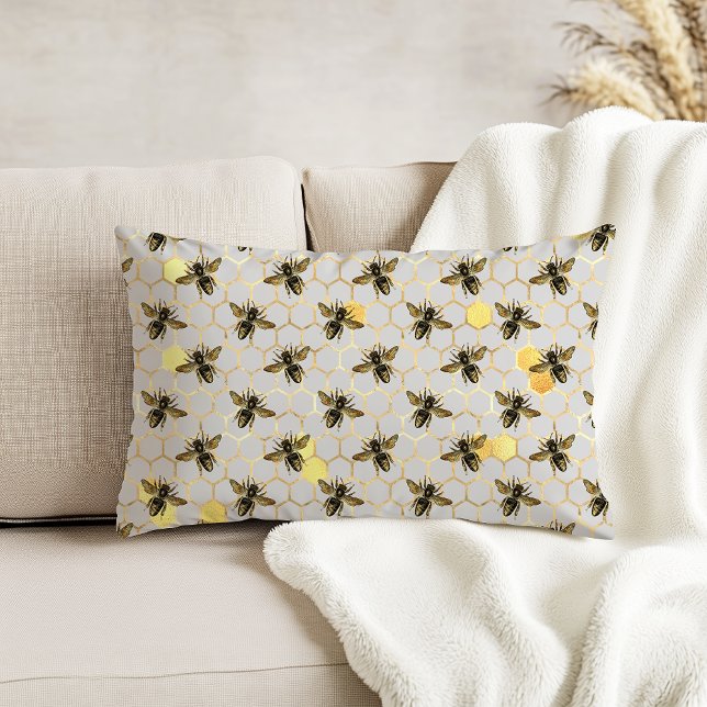 Bees on Honeycomb Pattern Yellow Gold Grey Decorative Cushion (Creator Uploaded)