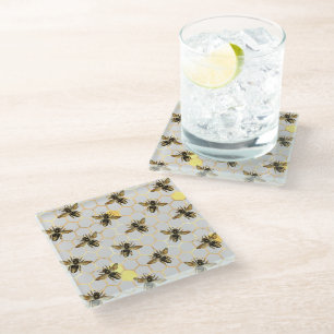 Bees on Honeycomb Pattern Yellow Gold Grey Glass Coaster