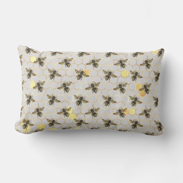 Bees on Honeycomb Pattern Yellow Gold Grey Outdoor Lumbar Cushion (Front)