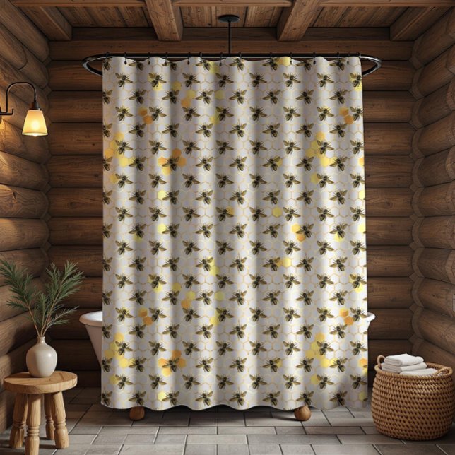 Bees on Honeycomb Pattern Yellow Gold Grey Rustic Shower Curtain (Creator Uploaded)