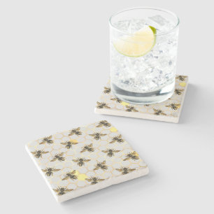 Bees on Honeycomb Pattern Yellow Gold Grey Stone Coaster
