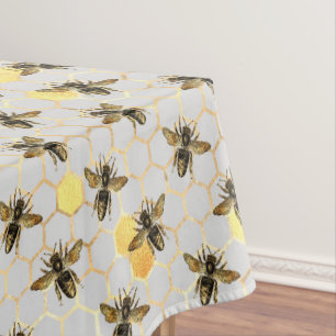 Bees on Honeycomb Pattern Yellow Gold Grey Tablecloth