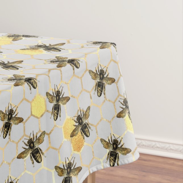 Bees on Honeycomb Pattern Yellow Gold Grey Tablecloth (In Situ)