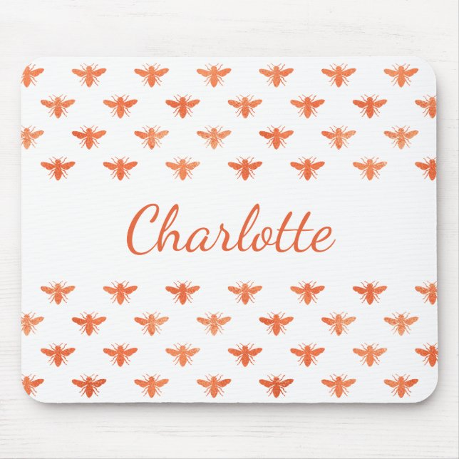 Bees rose gold monogram name script white mouse pad (Front)
