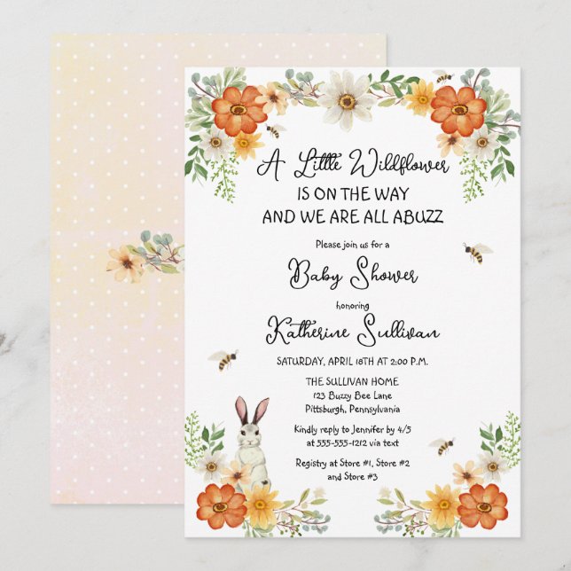 Bees Spring Little Wildflower Girl Baby Shower Invitation (Front/Back)