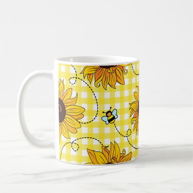 Bees, sunflowers, chequered, vintage pattern. coffee mug (Left)