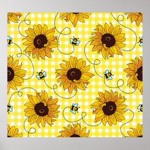 Bees, sunflowers, chequered, vintage pattern. poster