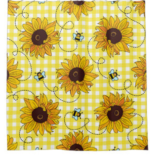 Bees, sunflowers, chequered, vintage pattern. shower curtain