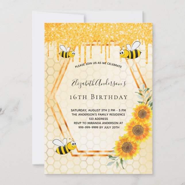 Bees sunflowers gold honeycomb Sweet 16 Invitation (Front)